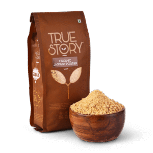 true story organic jaggery powder packet and organic jaggery powder in bowl